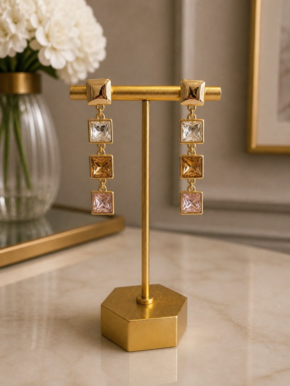 18k Gold plated Drop Earrings with Clear, Amber and Pink Stones 925 posts
